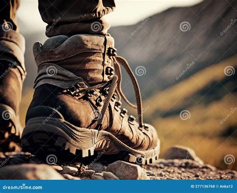 Hiker Trekking Boot Close Up On Mountain Background For World Tourism