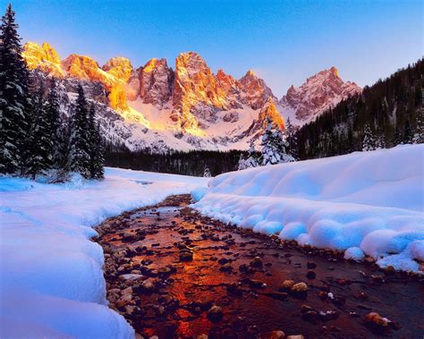 Dolomites Mountain Peaks In Italy Sunrise Winter Snow River Forest Pine Trees Blue Sky Hd