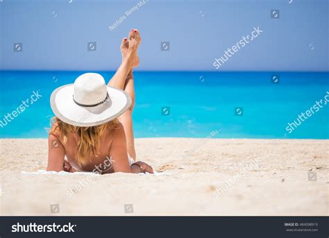 Woman On Famous Navagio Shipwreck Beach Stock Photo