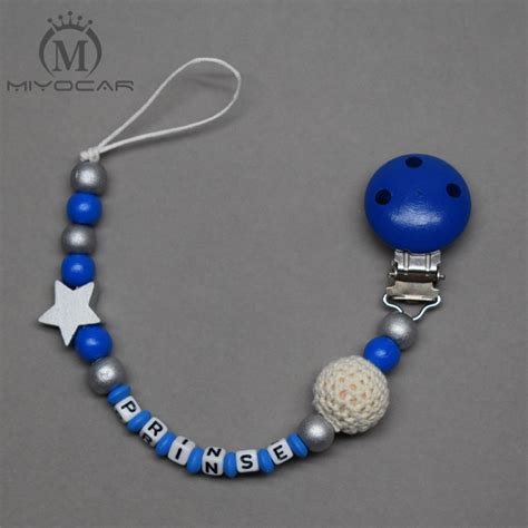 Miyocar Personalized Any Name Lovely Blue And White Wooden Beads Dummy Clip Holder Pacifier
