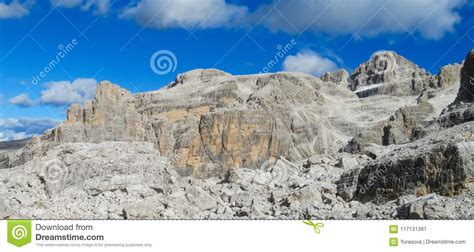 Roky Cliff Mountains Of Dolomites Long Panorama Stock