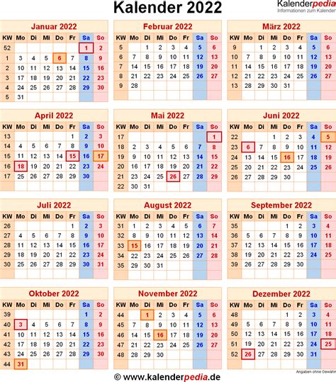 Kalender 2022 Mit Excelpdfword Vorlagen Feiertagen Ferien Kw