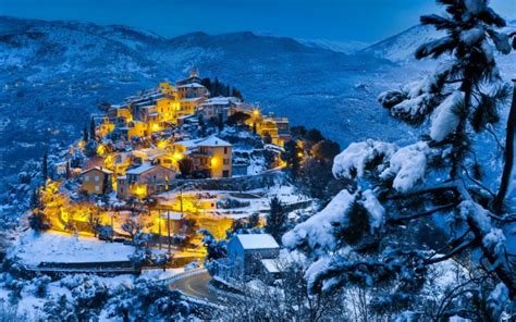 Lights Night Snow Town Mountain Dusk Forest Winter Wallpapers Hd