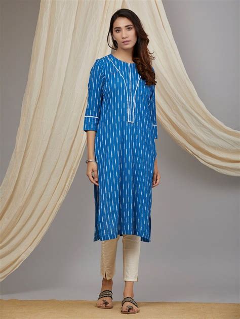 Buy Blue Cotton Ikat Kurta Online At Theloom Ikat Dress Kurti