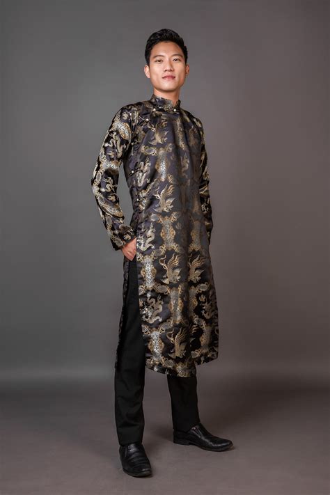 Men S Ao Dai In Black Vietnamese National Clothing Free Etsy