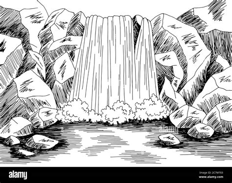 Waterfall Graphic Black White River Landscape Sketch Illustration