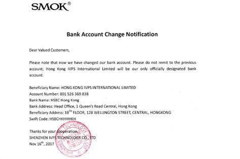 I am writing to tell you that the payment was an unauthorized transfer. Customer Notice Of Change In Bank / Notice of Bank Account ...