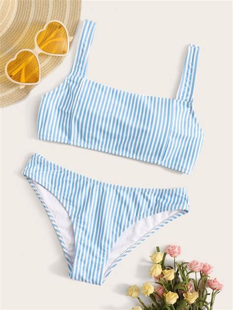 Striped Top With Cheeky Bikini Set Shein Usa Cheeky Bikinis Swimsuits Cute Swimsuits
