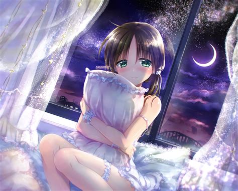 Wallpaper Window Night Anime Girls Bed Stars Moon Original Characters Pillow Image