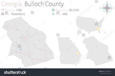 Large And Detailed Map Of Bulloch County In Royalty Free Stock Vector