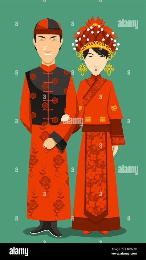 chinese bride and groom wedding celebration vector illustration cartoon stock vector image