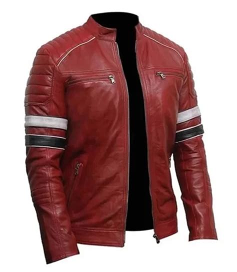 Men S Red Striped Padded Shoulder Café Racer Leather Jacket