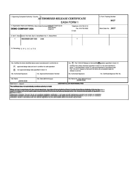 Easa Form 1 Authorised Release Certificate Printable Pdf Download