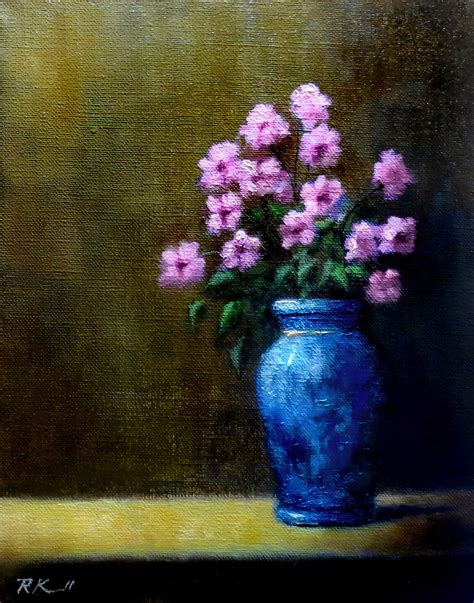 Flowers In A Blue Vase This Painting Is Painted On Stretched Linen