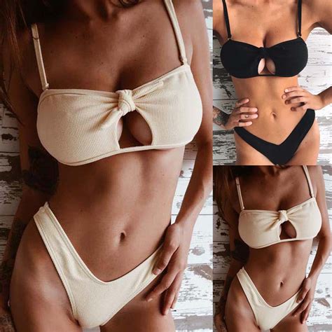 Solid Sexy Bikini Set High Waist Padded Bow Sexy Bandages Beach Suit