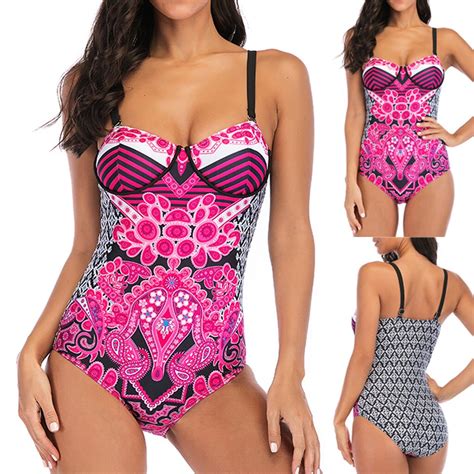 Womens Summer Stripe Pink Siamese Vintage Print Padded Bra Sexy Bikini Sets Push Up Swimwear One