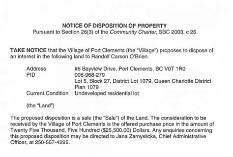 Notice Of Disposition Of Property 6 Bayview Drive Village Of Port