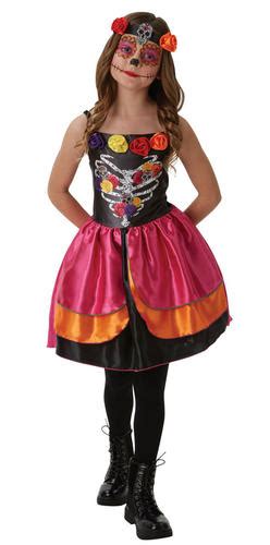 Day Of The Dead Girls Fancy Dress Halloween Spooky Skeleton Childs Kids