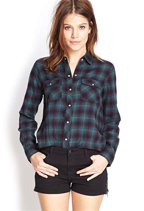 Lyst Forever 21 Snap Button Flannel Shirt In Green