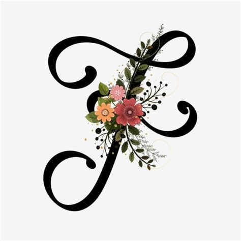 The Letter F Is Decorated With Flowers And Leaves