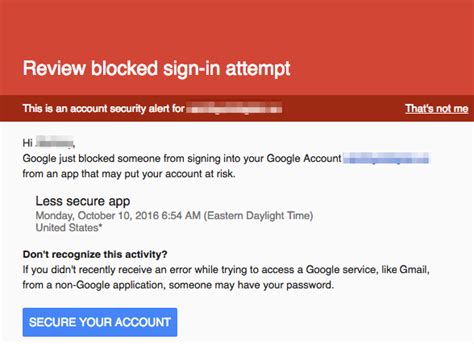 However, it worked for me without having to enable the allow less secure apps feature within my google account. "Blocked sign-in attempt" and "Less secure app ...