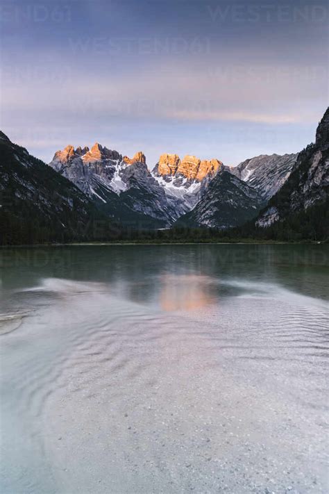 Lake Landro Durrensee At Dawn With Popena Group And Cristallo On