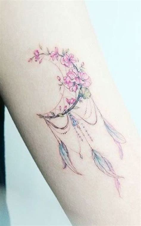 Dreamcatcher With A Crescent Moon Tattoo With Cherry Blossoms