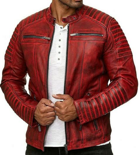 Mens Leather Jacket Red Biker Jacket Motorcycle Jacket Cafe Racer Leather Jacket Genuine Leather