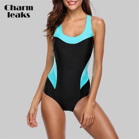 Charmleaks One Piece Women Sports Swimwear Sports Swimsuit Patchwork Beachwear Bathing Suit