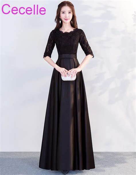 Black Long Modest Bridesmaid Dresses With Half Sleeves Lace Top Satin