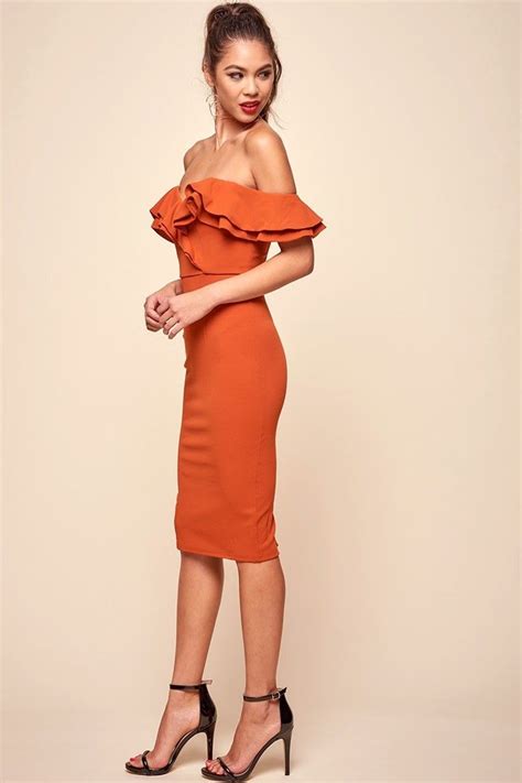 Rossi Ruffled Off The Shoulder Bodycon Dress Rust Rust Dress Bodycon Dress Split Prom Dresses