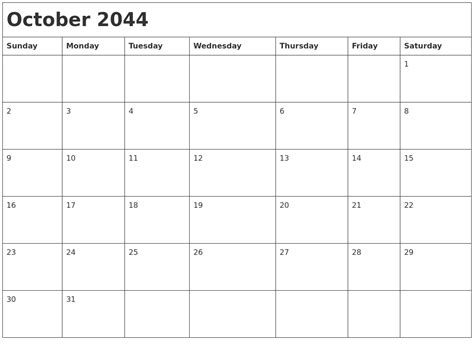 October 2044 Month Calendar