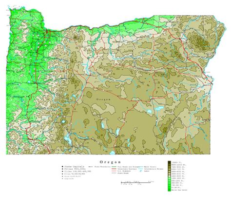 Large Detailed Elevation Map Of Oregon State With Roads Highways And