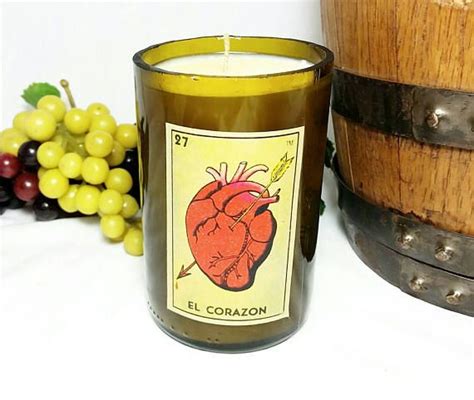 Wine Bottle Candlemexican Loteria El Corazon Scented Soy Wax Etsy Wine Bottle Candles