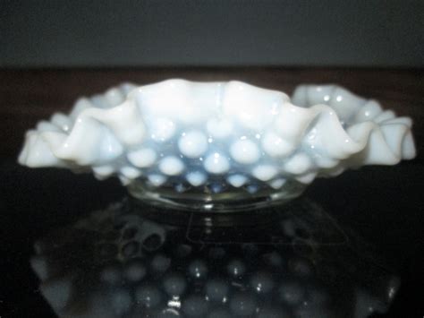 Vintage Mid Century Fenton White Hobnail Glass Bowl With Opalescent Rim Crimped Edges Carol S