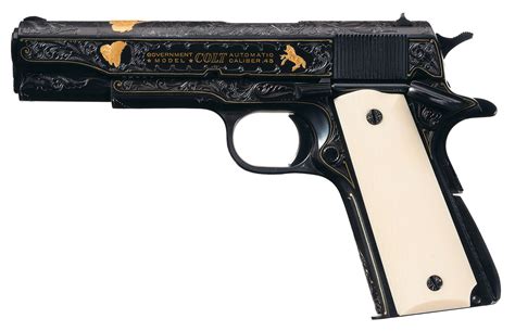 Angelo Bee Engraved Gold Inlaid Colt Government Model Pistol Rock