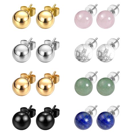 JADENOVA 8MM Stainless Steel Ball Stud Earrings Gemstone Stud Earrings