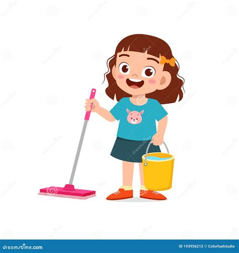 Boy Cleaning Floor With The Mop Smiling Cartoon Kid Character Helping
