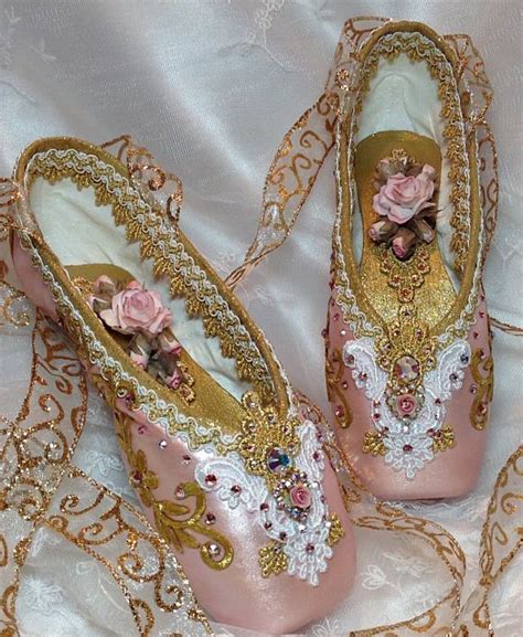 Pair Of Pink And Gold Decorated Pointe Shoes Sugarplum Fairy Aurora