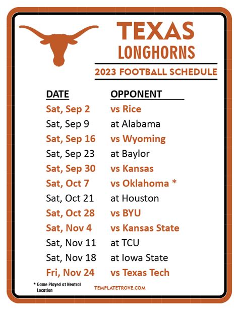 Texas Longhorns Printable Football Schedule