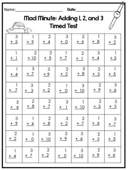 Printable Mad Minute Addition Timed Tests- 6 pages. Kindergarten-1st