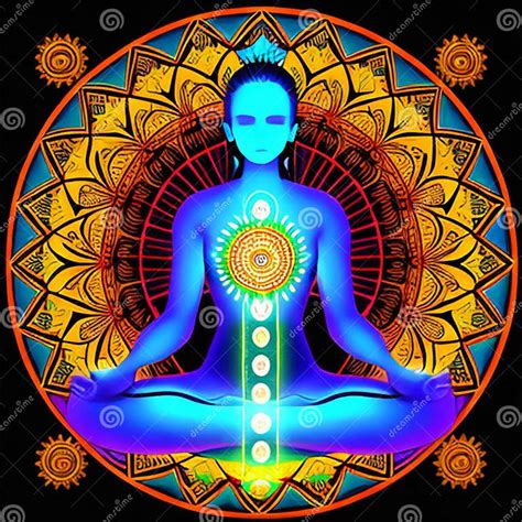 Human Energy Body Aura Chakra In Meditation Meditating Human In Lotus Pose Yoga Illustration