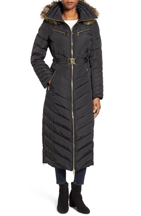 Michael Michael Kors Belted Down And Feather Fill Long Coat With Faux Fur