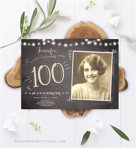 Editable 100th Birthday Invitation Chalkboard Rustic Adult Birthday