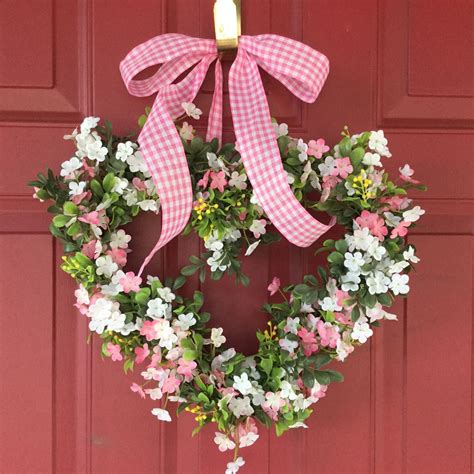 Door Wreath Spring Wreath Pink Heart Shaped Wreath Nursery Etsy