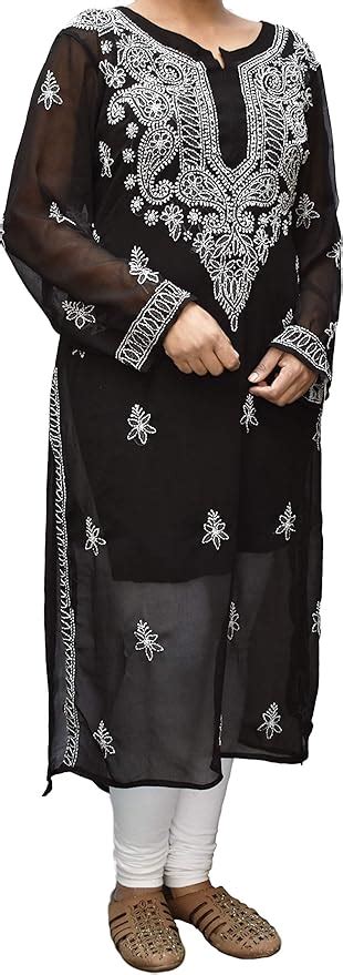 Buy Lucknowi Noor Black Georgette Chikankari Kurti Women S Georgette Chikan Kurti Full Sleeves