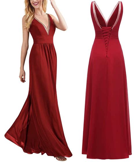 Ainidress Double V Neck Long Bridesmaid Dresses Chiffon For Wedding Beaded Evening Party Gown