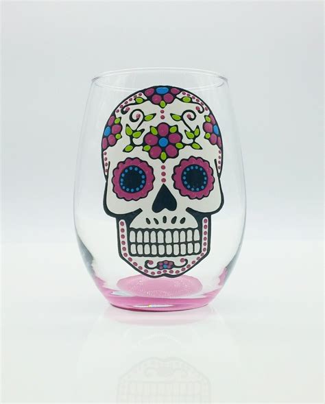 Sugar Skull Hand Painted Stemless Wine Glass Day Of The Dead