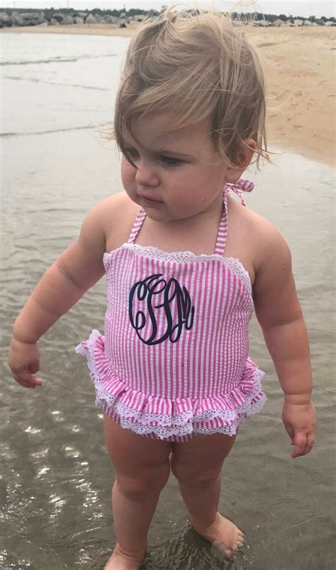 Monogramed One Piece Swimsuit Girls Seersucker Swimsuit Etsy