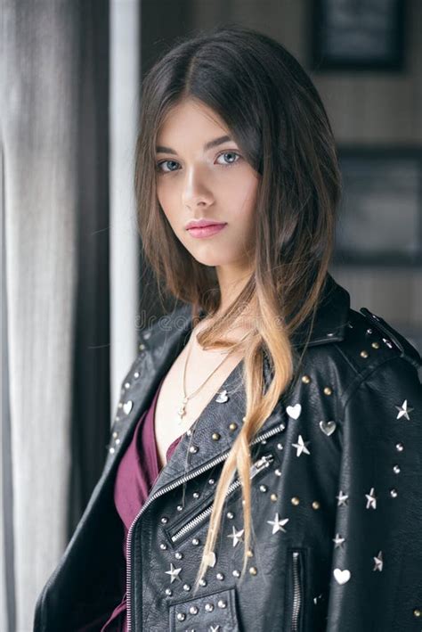 Young Beautiful Girl In A Leather Jacket Stock Photo Image Of